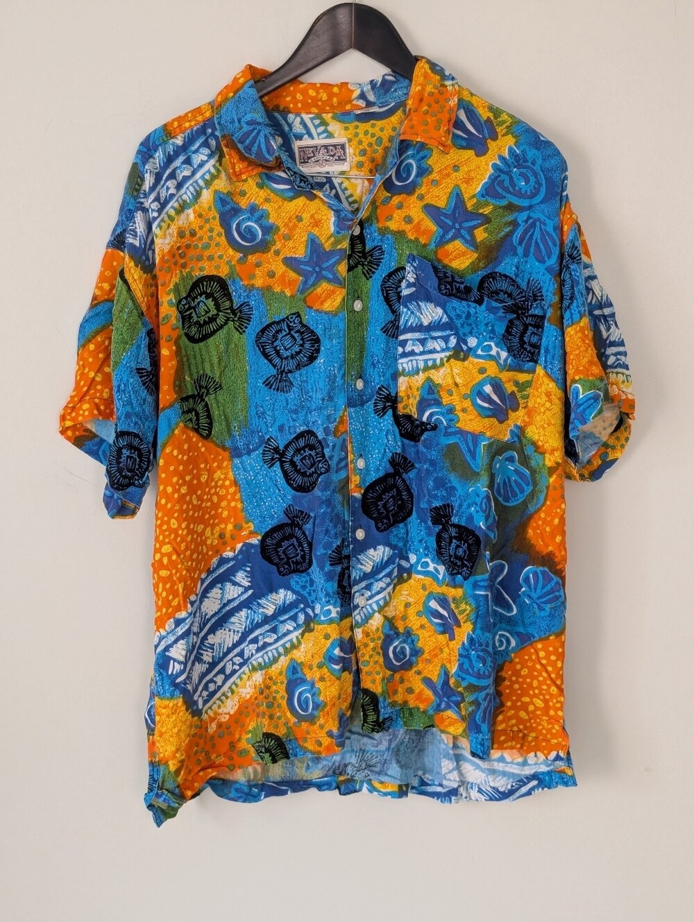Vintage 90s Nevada Jeanswear Tropical Fish Print Shirt XL 100% Viscose Beach